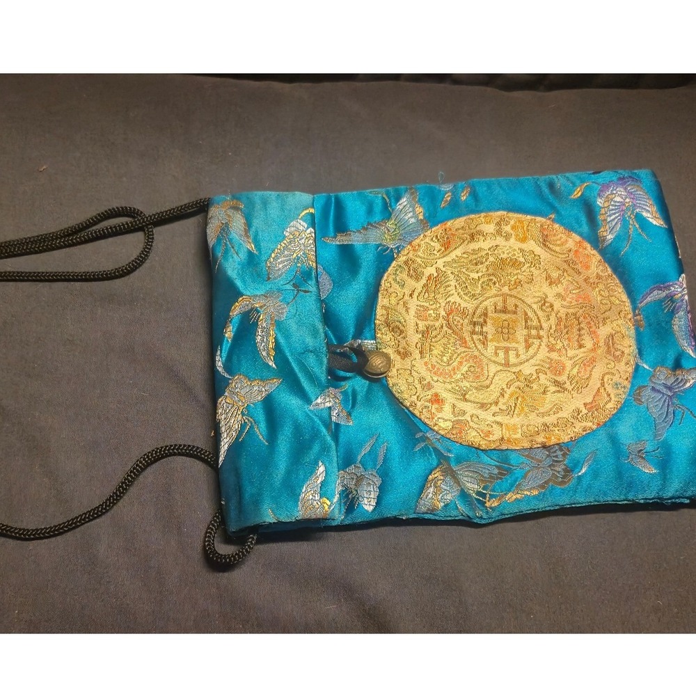 Vintage Chinese Silk‎ Brocade Butterfly Pouch Turquoise Gold Medallion Crossbody